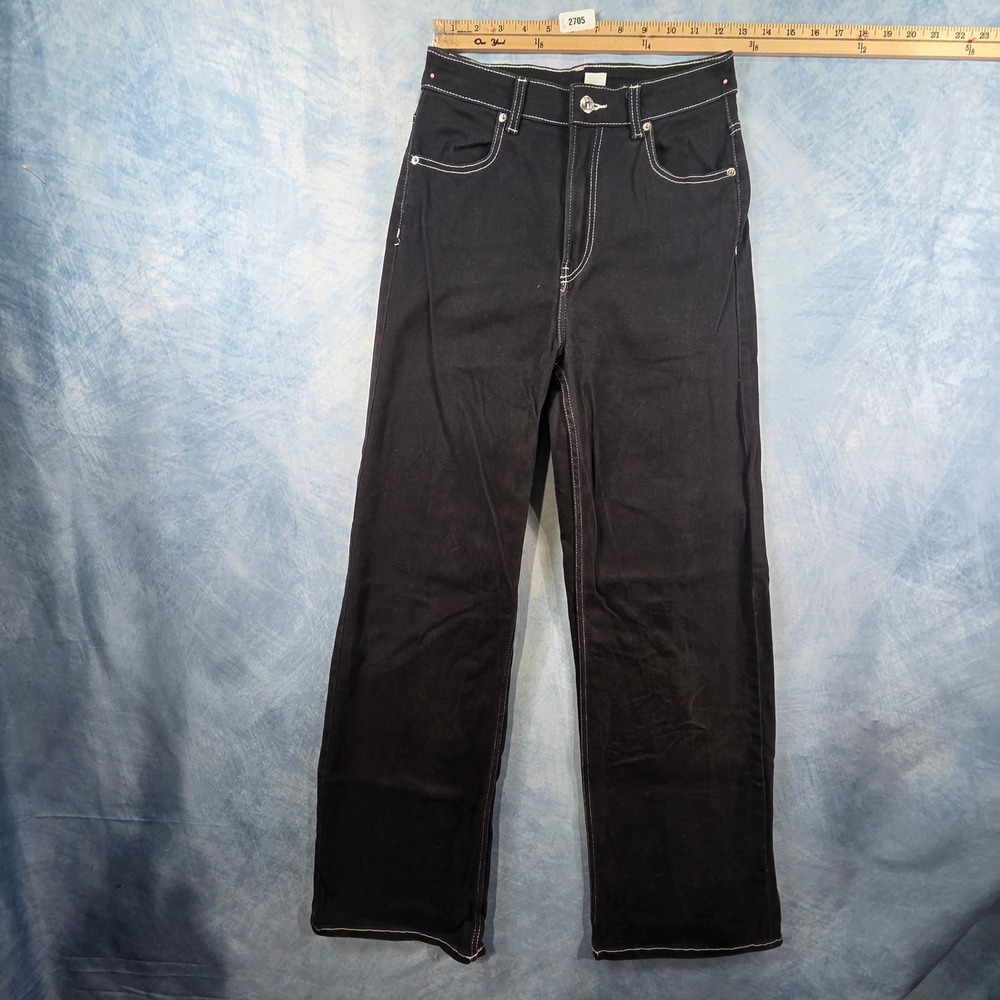 H&M Divided Womens High Waisted Wide Leg Jeans‎ Black White Contrast Stitch Sz 4